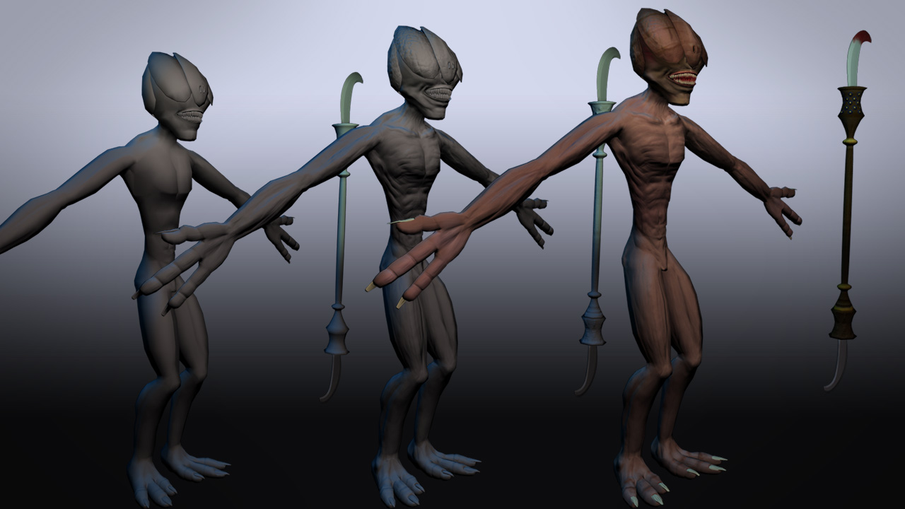 Three steps of the same character. Only geometry, with normals and painted.